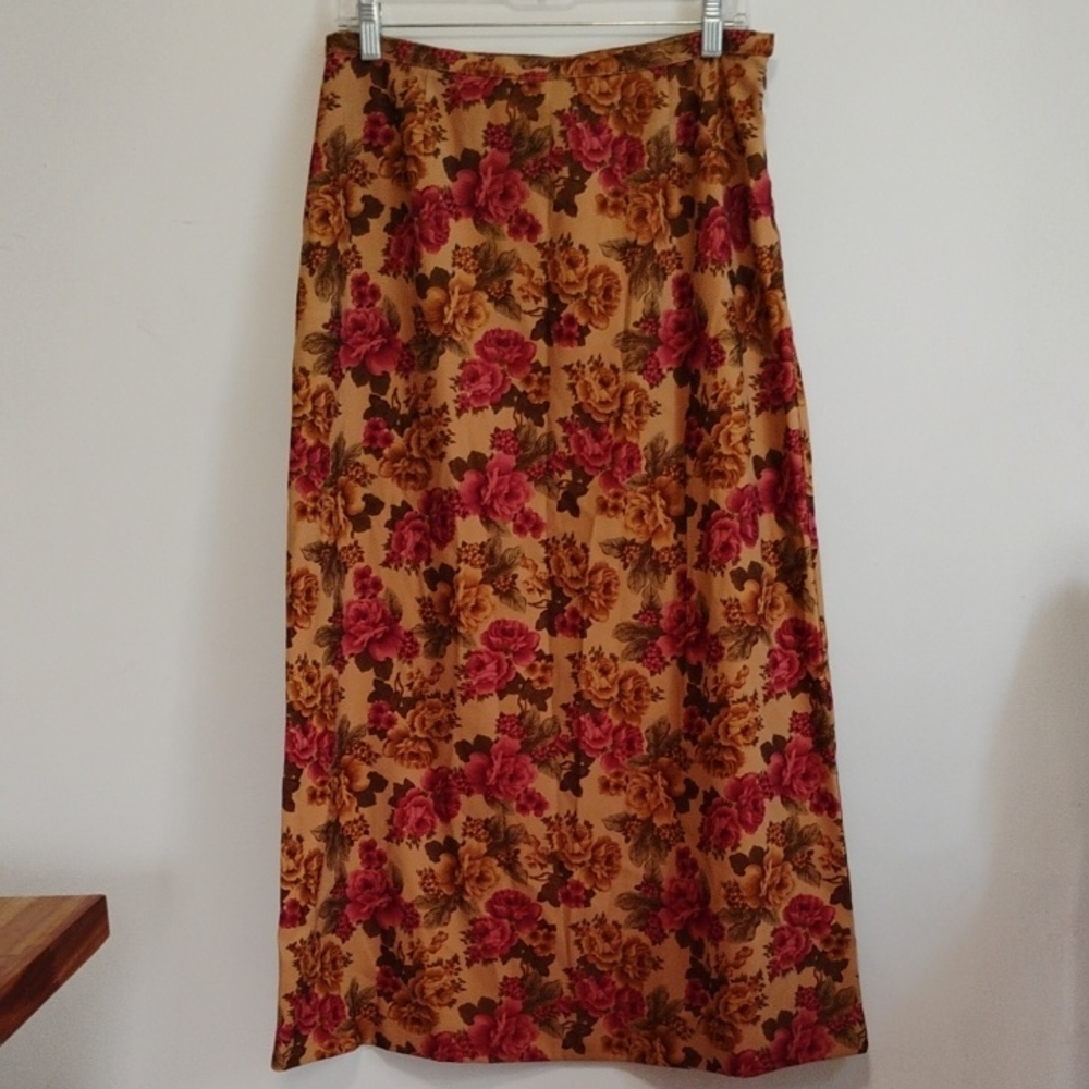 Annex | Vintage Tan + Burgundy Floral Maxi Skirt | Women's 10